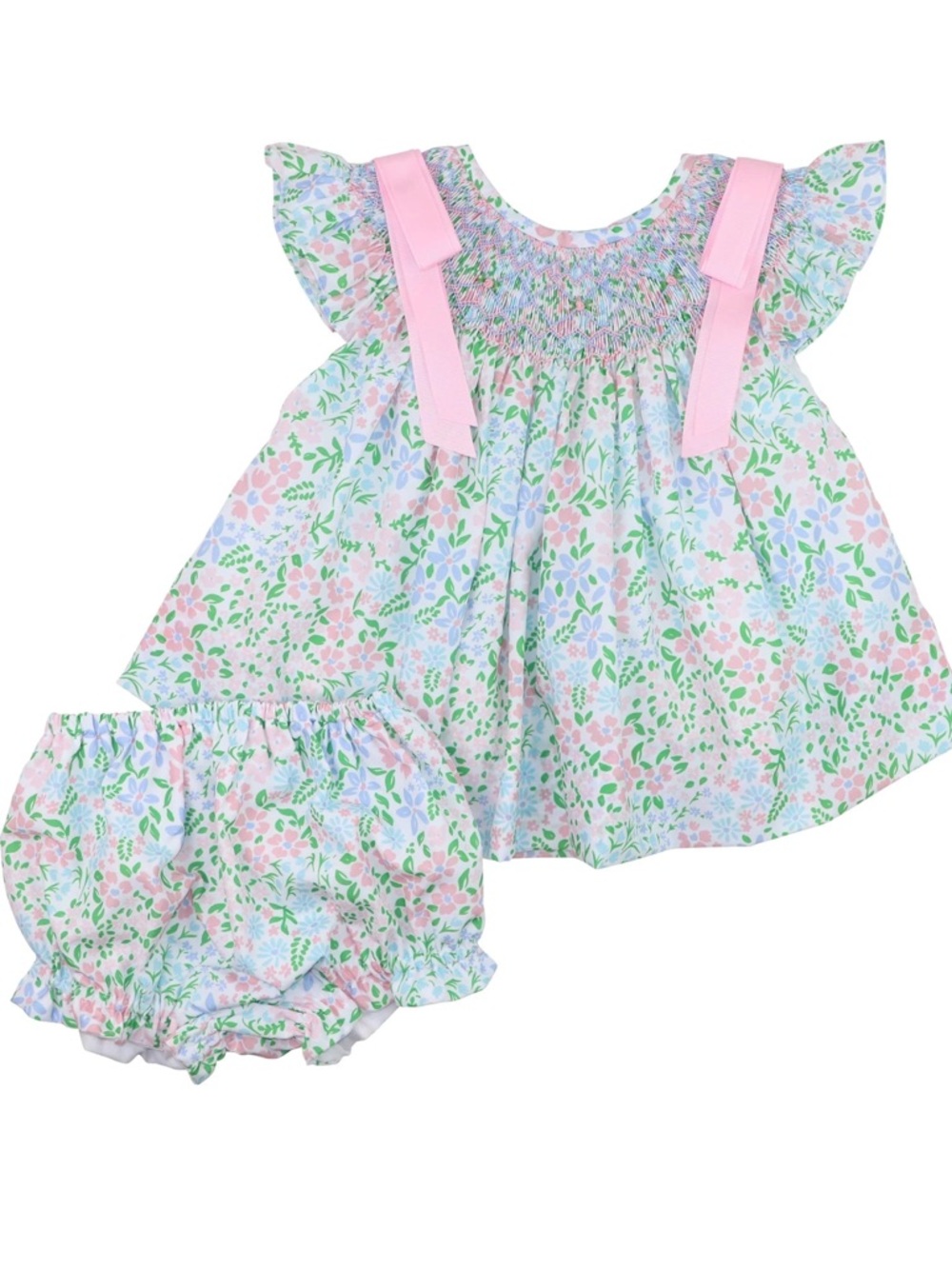 RARE Toddler Baby Floral Smocked Dress with Pink Ribbon Straps Matching Sibling